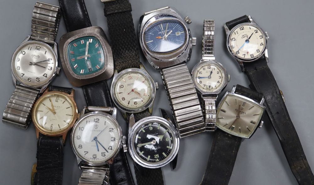 Ten assorted gentlemans wrist watches including Memostar Alarm, Cyma and Corvette.